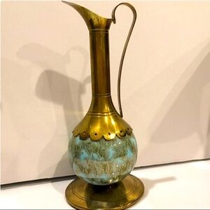 Delft Holland Brass Ewer with Blue/Green Marbled Base~RARE FIND